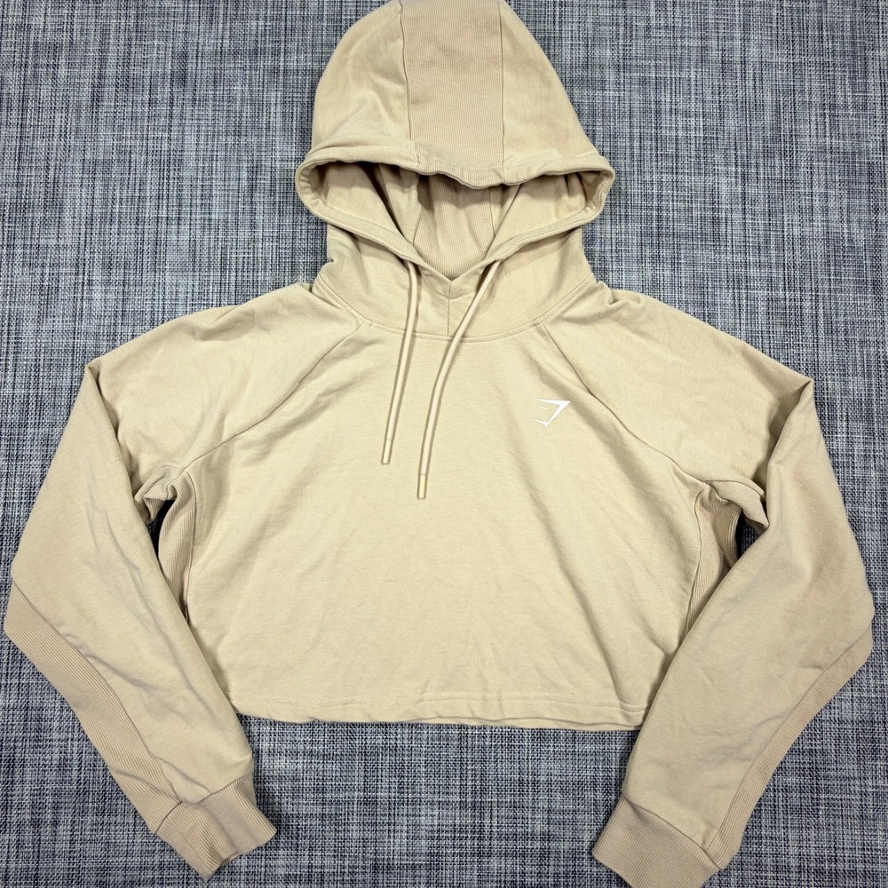 Gymshark Womens Training Cropped Hoodie Beige Large Raglan Long Sleeve Pullover